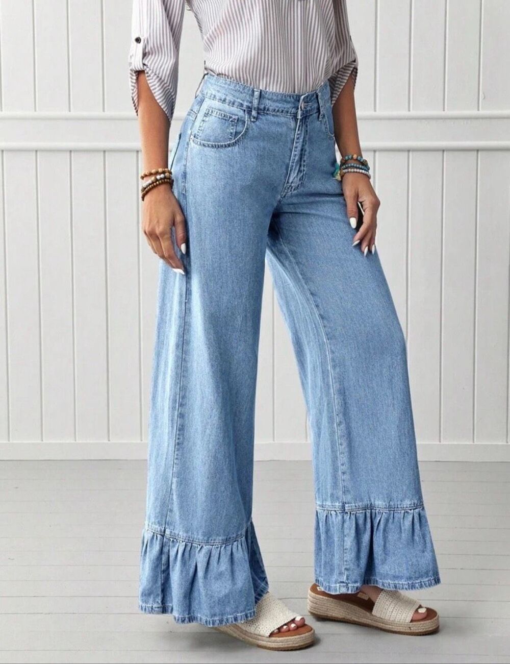 Light Wash Wide Leg Jeans Womens Ruffled Hem High Rise Denim Pants Trendy - Picture 2 of 8